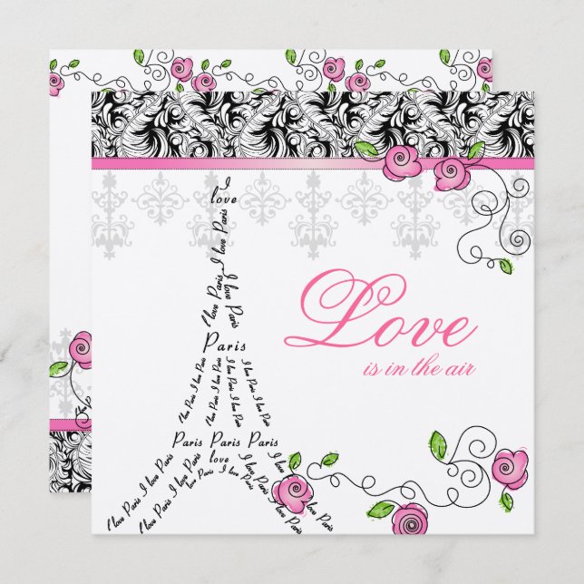 Paris Wedding Invite Pink Roses Silver Black White (Front/Back)