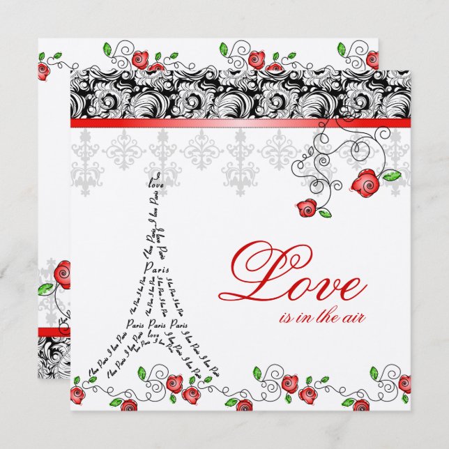 Paris Wedding Invite Red Roses Silver Black White (Front/Back)