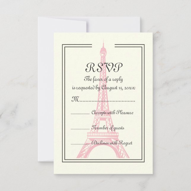 Paris wedding pink Eiffel Tower on ivory RSVP card (Front)