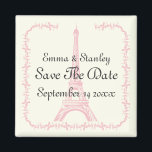Paris wedding pink Eiffel Tower Save the Date Magnet<br><div class="desc">Paris wedding pink Eiffel Tower ivory Save the Date. A classy design full of class and finesse,  featuring the Eiffel Tower in pink in a damask border on ivory background.</div>