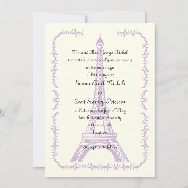 Paris wedding purple Eiffel Tower ivory invitation (Front)