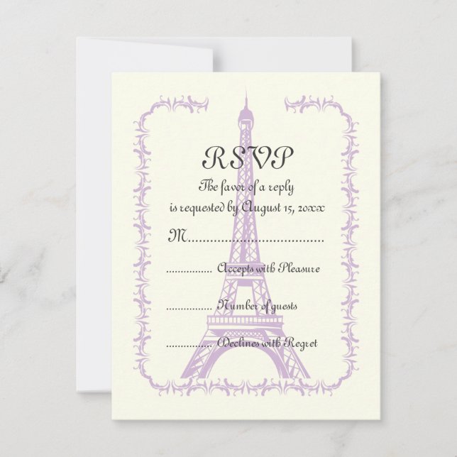 Paris wedding purple Eiffel Tower on ivory RSVP Card (Front)