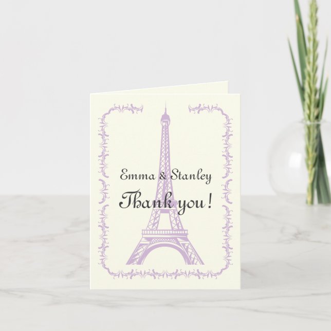 Paris wedding purple Eiffel Tower Thank You Card (Front)