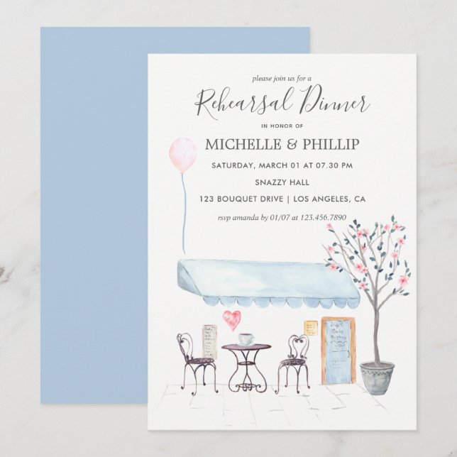 Paris Wedding Rehearsal Dinner watercolor floral Invitation (Front/Back)