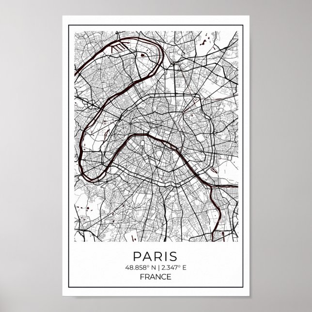 Paris White Map - Black And White Map Home Decor (Front)