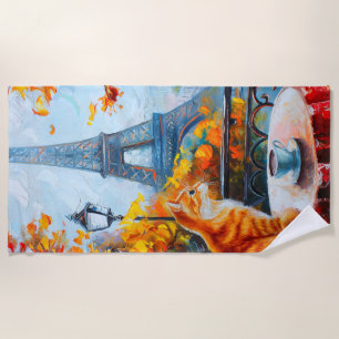 Parisian Autumn Ginger Cat at a Cafe Beach Towel