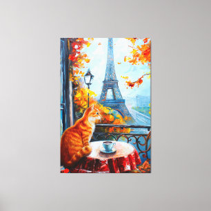 Parisian Autumn Ginger Cat at a Cafe Canvas Print