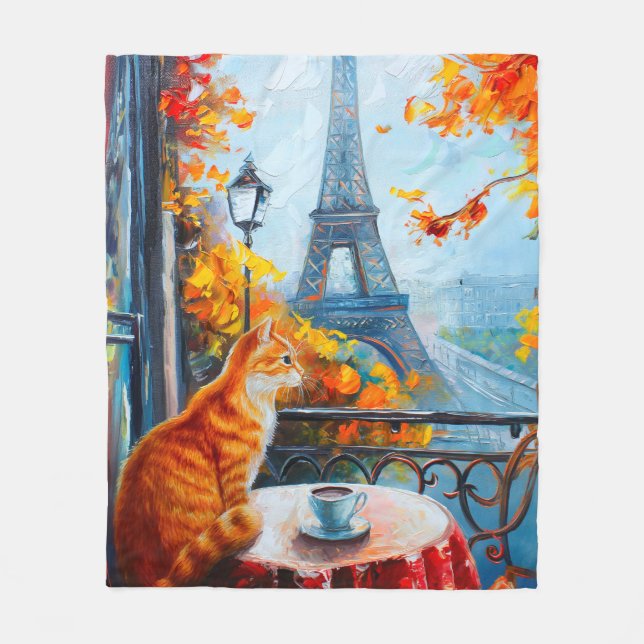 Parisian Autumn | Ginger Cat at a Cafe Fleece Blanket (Front)