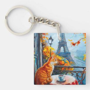 Parisian Autumn Ginger Cat at a Cafe Key Ring