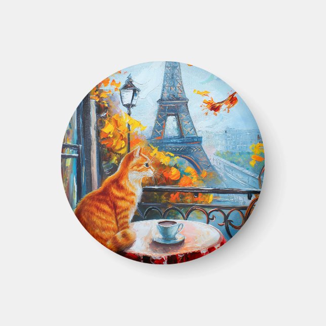 Parisian Autumn | Ginger Cat at a Cafe Magnet (Front)