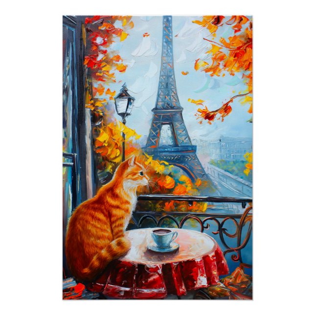 Parisian Autumn | Ginger Cat at a Cafe Poster (Front)