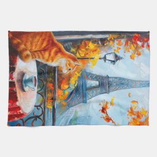 Parisian Autumn   Ginger Cat at a Cafe Tea Towel