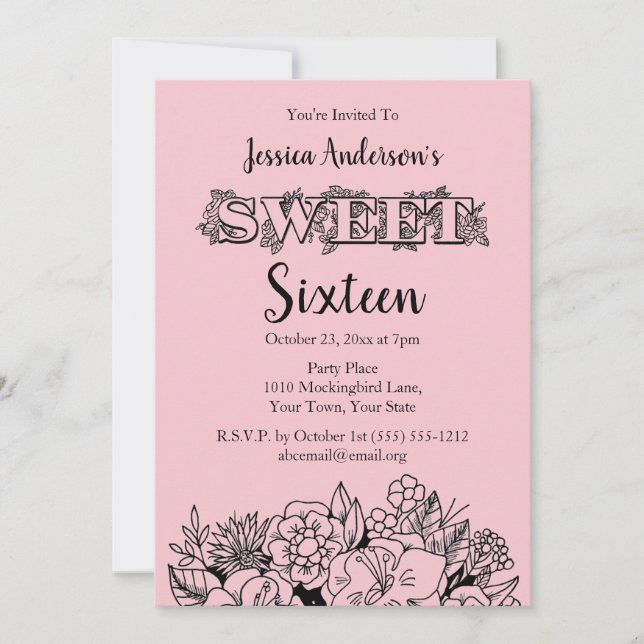 Parisian Boutique Pink Black Floral Sweet Sixteen Invitation (Front)
