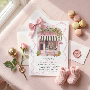 Parisian Cafe Bonjour Bebe Pink Bow Baby Shower  Invitation