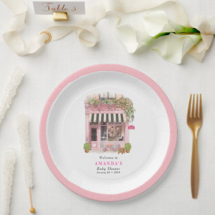 Parisian Cafe Bonjour Bebe Pink Bow Baby Shower Paper Plate