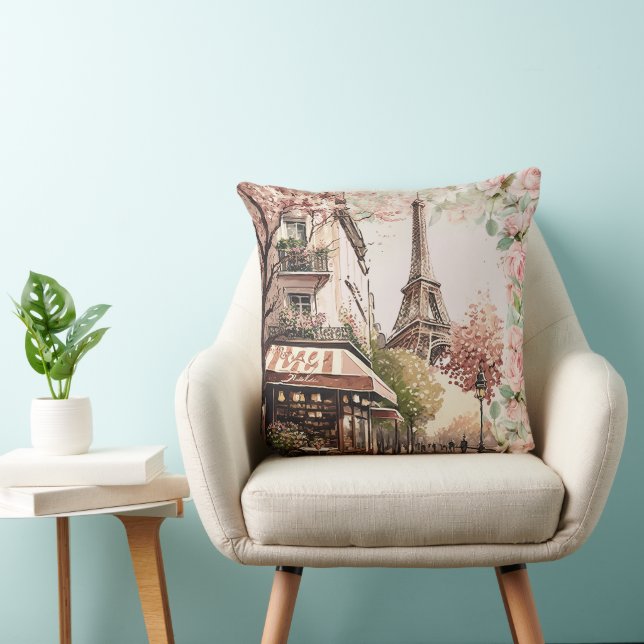 Parisian Cafe Eiffel Tower Blush Pink French Roses Cushion (Chair)