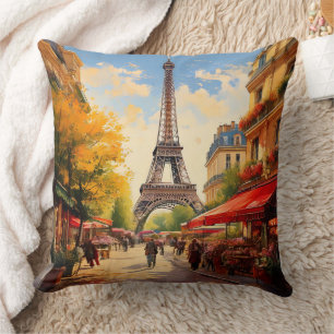 Parisian Cafe Flower Shops Eiffel Tower Scenery Cushion