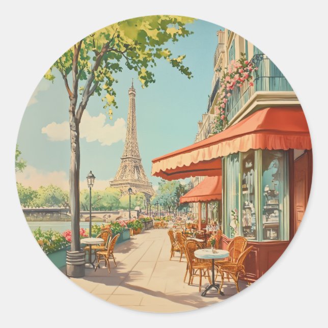 Parisian Café with Eiffel View Classic Round Sticker (Front)