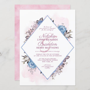 Parisian Charm Blue & Pink Diamond Frame Wedding Invitation