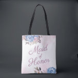 Parisian Charm Blue & Pink Floral Maid of Honour Tote Bag<br><div class="desc">Parisian Charm Blue & Pink Shabby Chic Floral Design with Painted Roses, Leaves, and Flowers. A Charming and Playful Look, with Blush Pink, Dusty Blue, Mauve, Dark Navy Violet colour palette. With Hand Painted Watercolor Floral elements, Vintage Classic Script Fonts and Watercolor paint brush strokes - Maid of Honour Tote...</div>