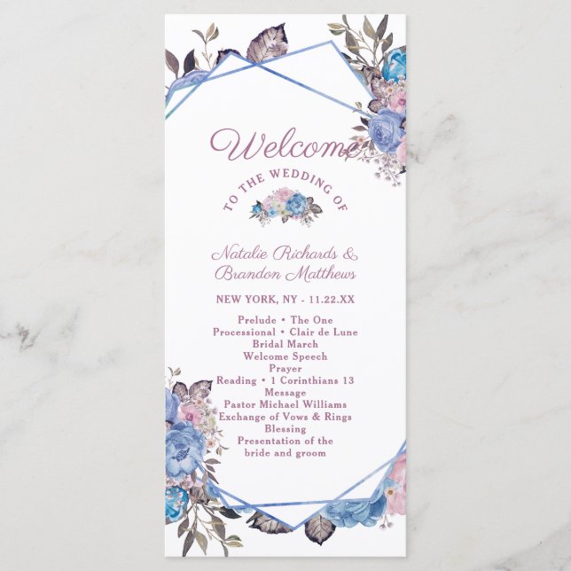 Parisian Charm Blue & Pink Floral Wedding Ceremony Programme (Front)