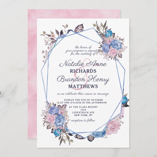 Parisian Charm Blue & Pink Geometric Wedding Invitation (Front/Back)