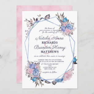 Parisian Charm Blue & Pink Geometric Wedding Invitation