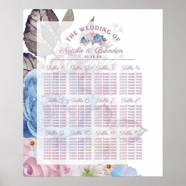 Parisian Charm Blue & Pink Table Seating Chart (Front)