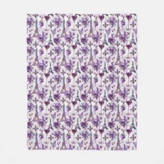 Parisian Charm Purple Eiffel Tower and Floral Fleece Blanket