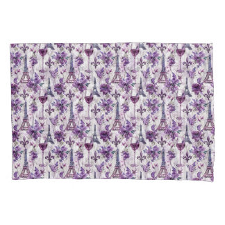 Parisian Charm Purple Eiffel Tower and Floral Pillowcase