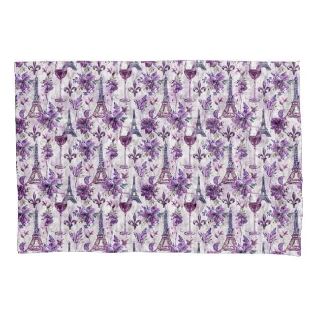 Parisian Charm Purple Eiffel Tower and Floral  Pillowcase (Front)