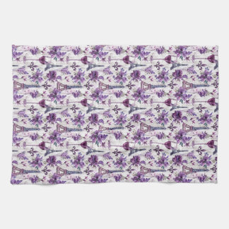 Parisian Charm Purple Eiffel Tower and Floral Tea Towel