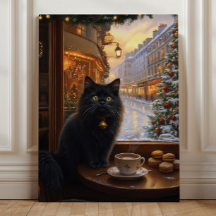 Parisian Christmas Cat – Whimsical Black Cat Café  Canvas Print