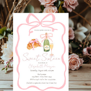 Parisian Croissant Pink Bow Champagne Sweet 16 Invitation