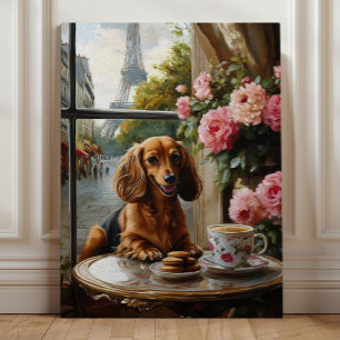 Parisian Dachshund Cafe, Whimsical Dog Art Canvas Print