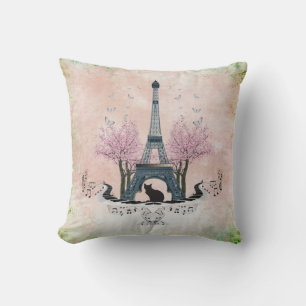 Parisian Eiffel Tower Cat And Cherry Blossoms Cushion