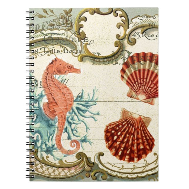 Parisian french modern vintage seashell seahorse notebook (Front)