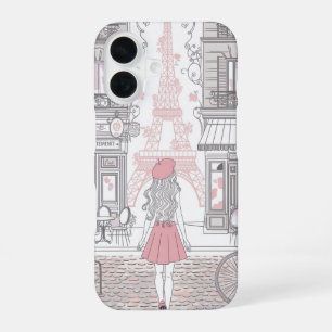 Parisian Girl – Cute Eiffel Tower & Café Street iPhone 16 Case
