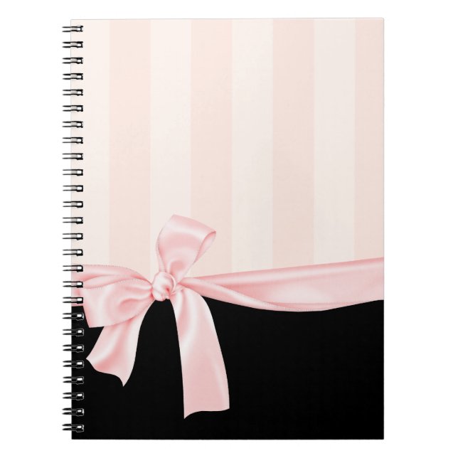 Parisian Girly Pink Stripes & Light Pink Bow Spiral Notebook (Front)