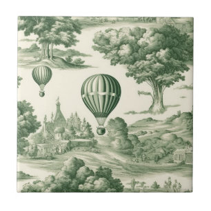 Parisian Green Toile Village Balloon Pattern Tile