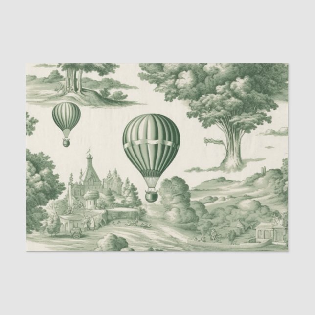 Parisian Green Toile Village Balloon Pattern Tissue Paper (Front)