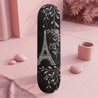 Parisian Night Silver Eiffel Tower Blush Pink Chic Skateboard