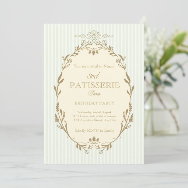 Parisian Patisserie French Vintage Style Birthday Invitation (Standing Front)