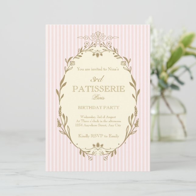 Parisian Patisserie French Vintage Style Pink Invitation (Standing Front)