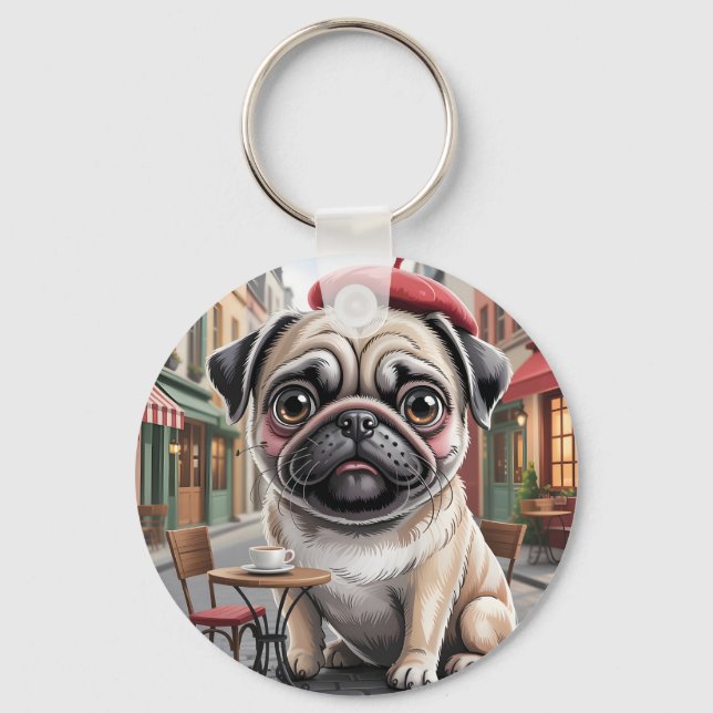 Parisian Pug at Sidewalk Cafe Key Ring (Front)