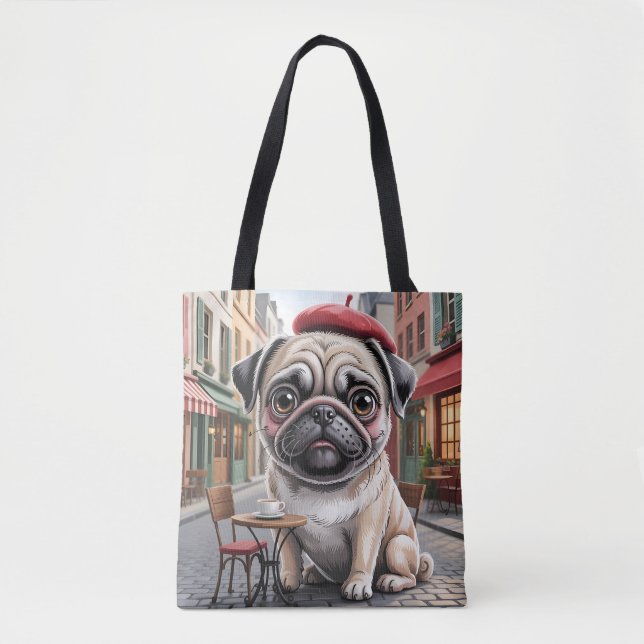Parisian Pug at Sidewalk Cafe Tote Bag (Front)