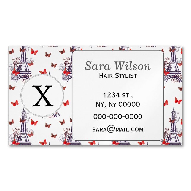Parisian Romantic Purple Eiffel Tower Butterflies Magnetic Business Card (Front)