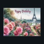 Parisian Rose Garden Happy Birthday Postcard<br><div class="desc">This postcard feature pretty pink roses grown in a parisian garden with Eiffel tower in the background.  There is a "Happy Birthday" greeting.  (Ai watercolor image created by Susang6)</div>