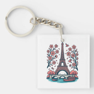 Parisian Souvenir Eiffel Tower Paris Cherry Tree Key Ring
