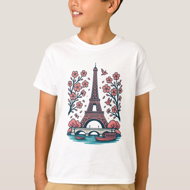 Parisian Souvenir Eiffel Tower Paris Cherry Tree T-Shirt (Front)